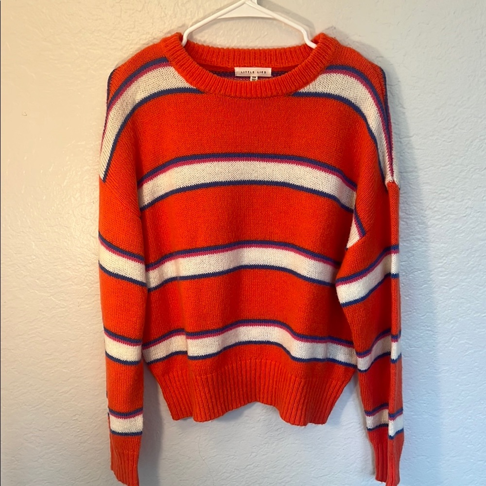 Little Lies Orange and White Striped Crew Neck Sweater